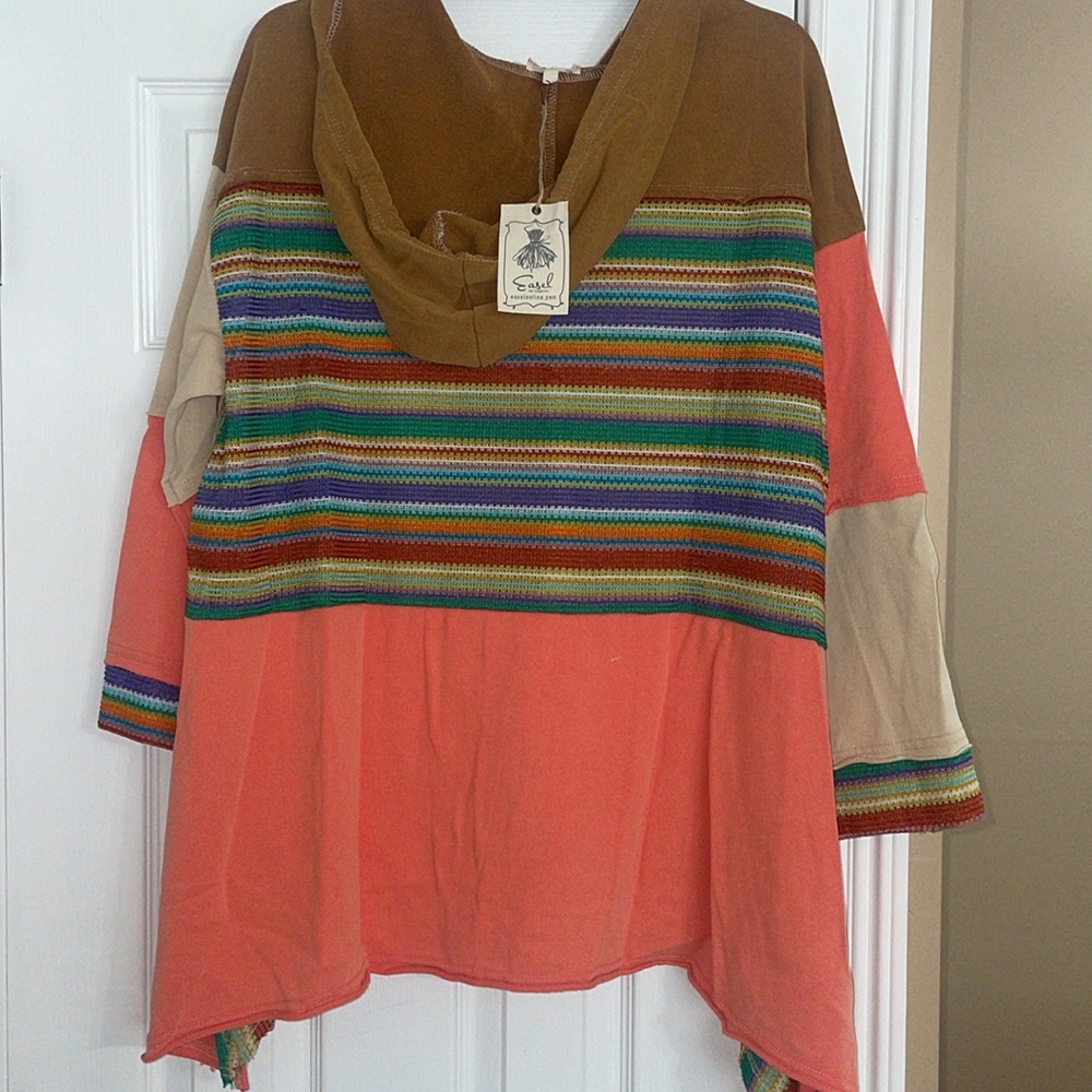 easel Multicolor Striped Hooded Sweatshirt with Tan and Orange Panels - Picture 7 of 7